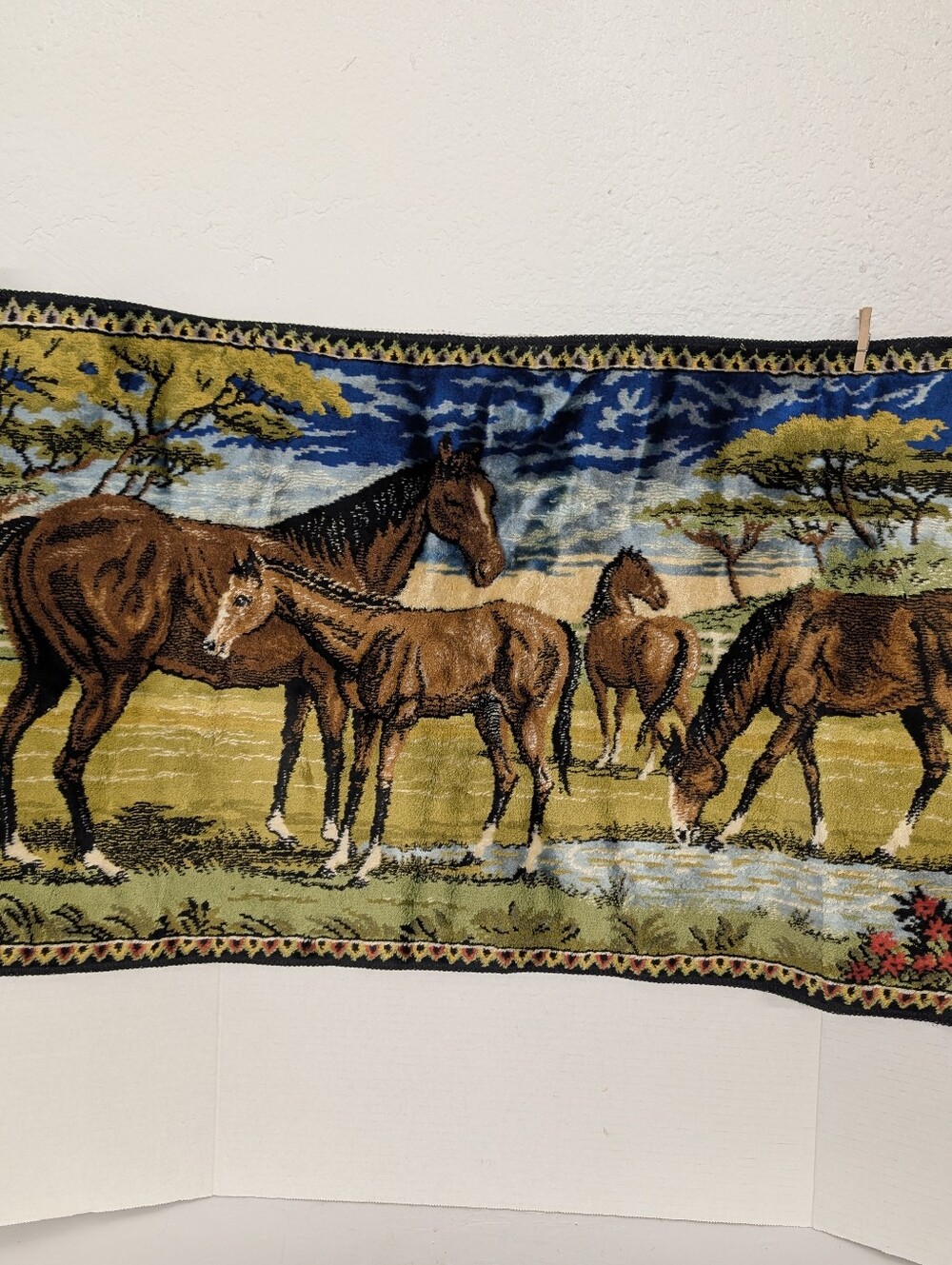 Vintage Horse Tapestry Wall Hanging in  Brown and Blue Western